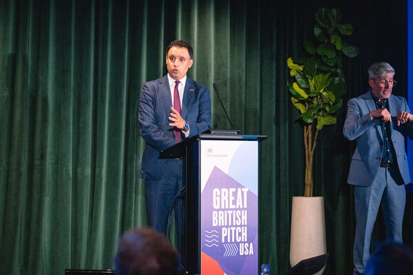 Anas Sarwar speaking at the Great British Pitch USA lectern